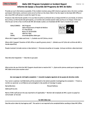 Idaho WIC Program Complaint or Incident Report Form 204