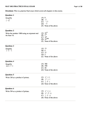 MAT 1012 Practice Final Exam