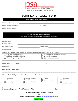 Insurance Certificate Request Form