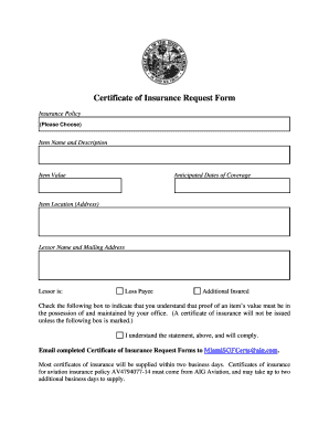 Certificate of Insurance Request Form
