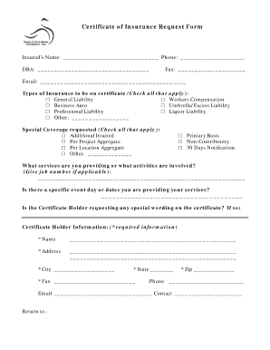 Certificate of Insurance Request Form
