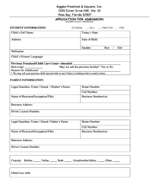 Giggles Preschool & Daycare Application for Admission