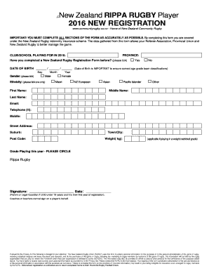 New Zealand Rugby Player Registration Form