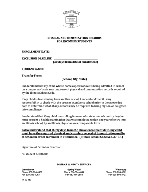 Illinois Student Physical and Immunization Records Form