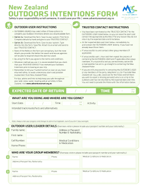 New Zealand Outdoors Intentions Form
