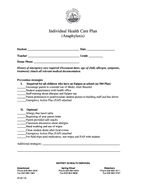 Individual Health Care Plan for Anaphylaxis
