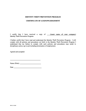 Identity Theft Prevention Program Certificate of Acknowledgement