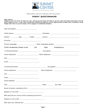 Parent Questionnaire for Child Evaluation