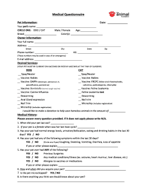 Pet Medical Questionnaire and Surgical Consent Form