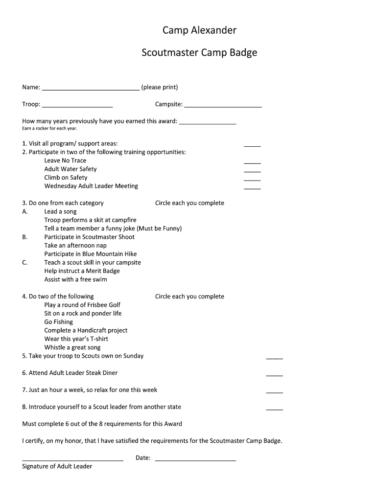 Fillable Online Camp Alexander Scoutmaster Camp Badge Fax Email Print pdfFiller