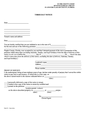 Florida 3-Day Notice to Pay Rent or Quit