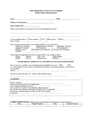 Pain Management Patient Intake Questionnaire