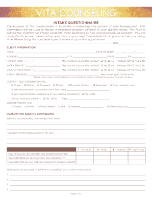 Intake Questionnaire for Counseling
