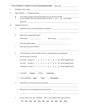 Pace Physical Therapy Intake Questionnaire