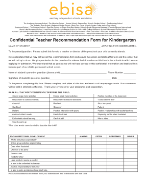Confidential Teacher Recommendation Form for Kindergarten