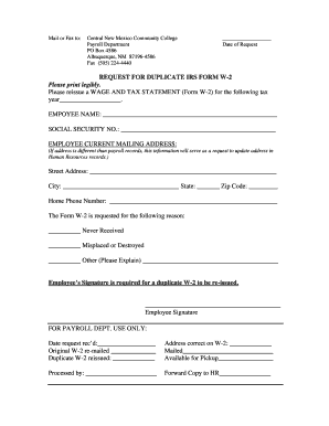 Duplicate IRS Form W-2 Request
