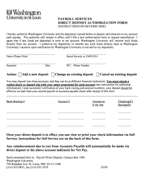 Washington University Direct Deposit Authorization Form