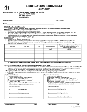 2009-2010 Student Financial Aid Verification Worksheet