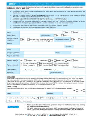 RSPCA Victoria Holiday Program Booking Form