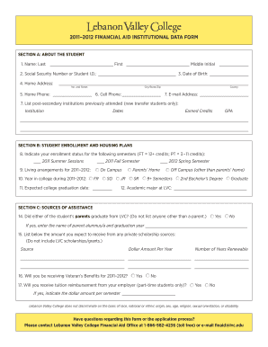 Lebanon Valley College Financial Aid Institutional Data Form
