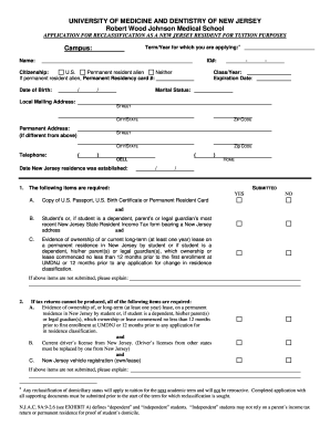 Application for Reclassification as a New Jersey Resident for Tuition Purposes