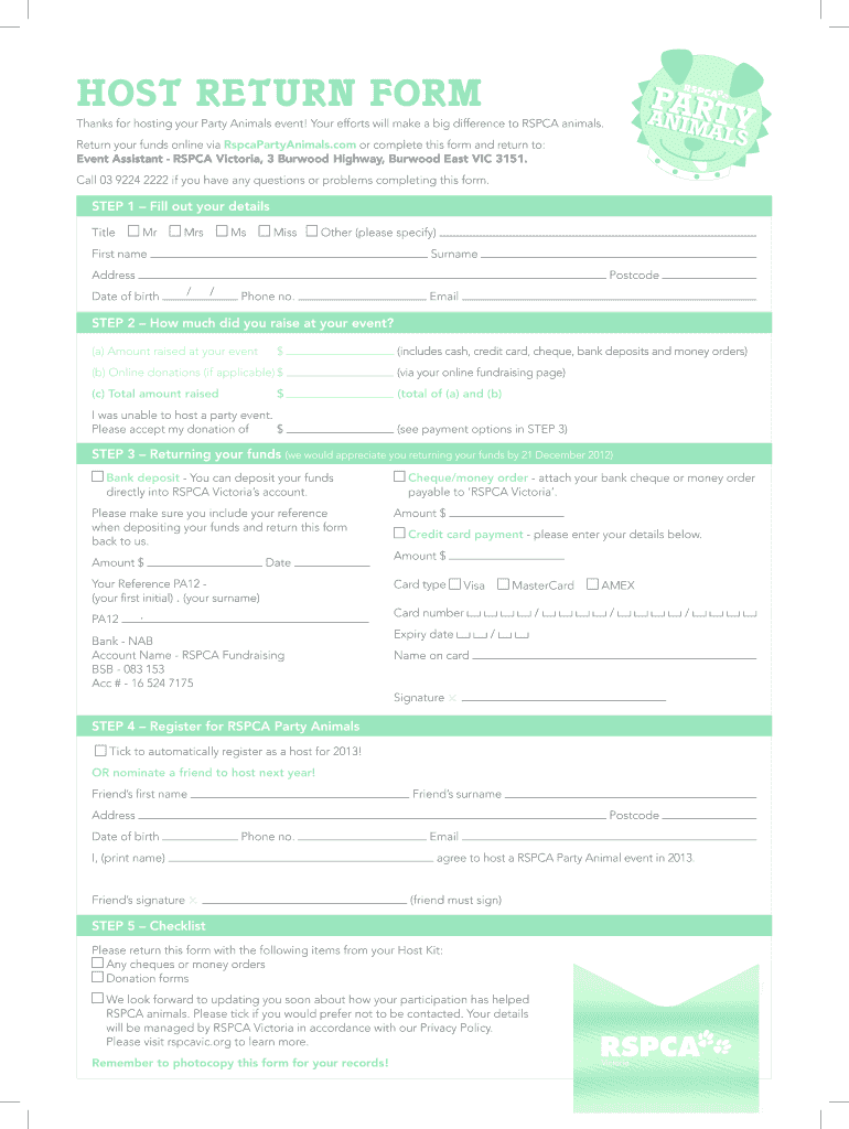 Fillable Online rspcavic Host RetuRn foRm RSPCA Victoria rspcavic Fax Email Print pdfFiller