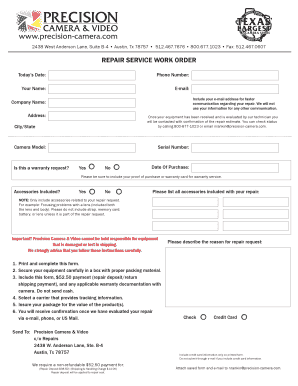Precision Camera Repair Service Work Order