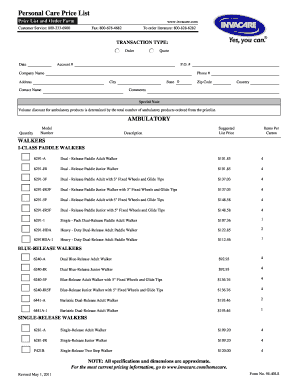 Invacare Personal Care Price List and Order Form