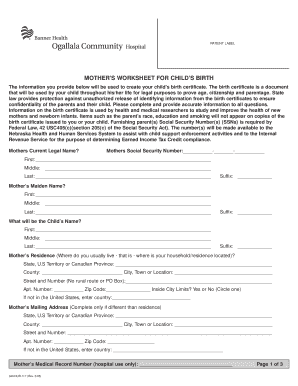 Mother's Worksheet for Child's Birth Certificate
