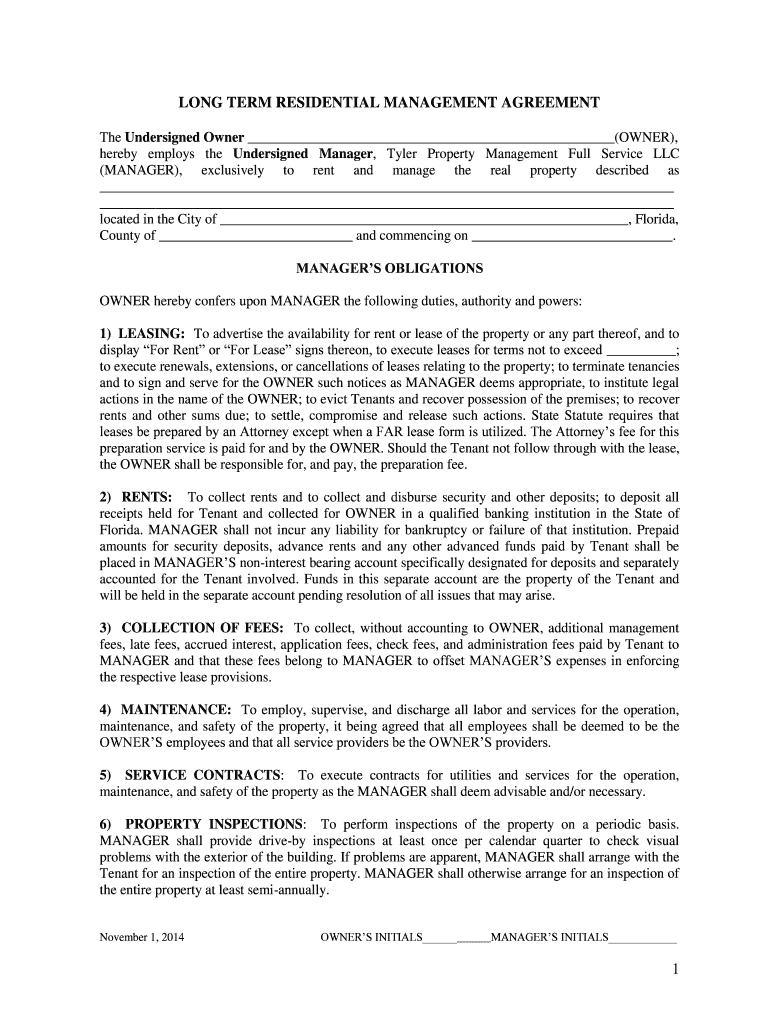 Fillable Online LONG TERM RESIDENTIAL MANAGEMENT AGREEMENT Fax Email