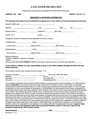 Lancaster ISD 2012-2013 Emergency and Insurance Form