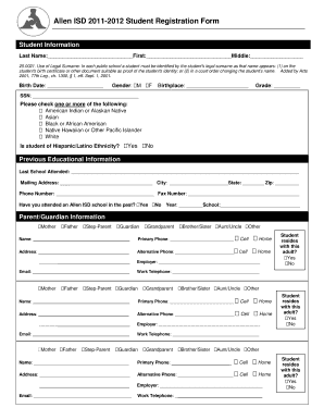 Allen ISD 20112012 Student Registration Form Student Information Last Name: First: Middle: 25