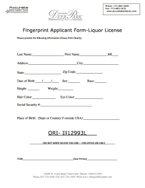 Fingerprint Applicant Form for Liquor License
