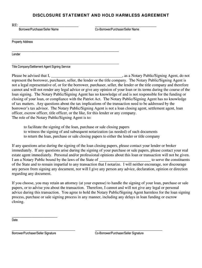 DISCLOSURE STATEMENT AND HOLD HARMLESS AGREEMENT - Notary - gsn notary Preview on Page 1