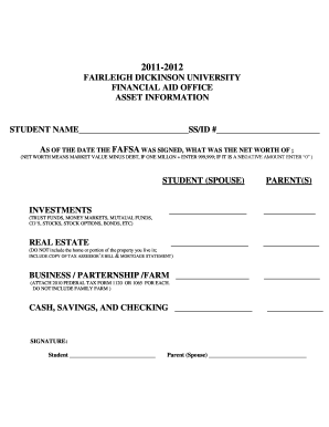 Fairleigh Dickinson University Financial Aid Asset Information Form