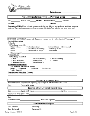 Patient Visit Volunteer Narrative Form