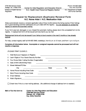N.C. Nurse Aide I / Medication Aide Replacement Form