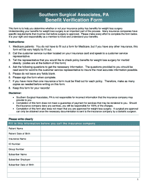 Weight Loss Surgery Benefit Verification Form