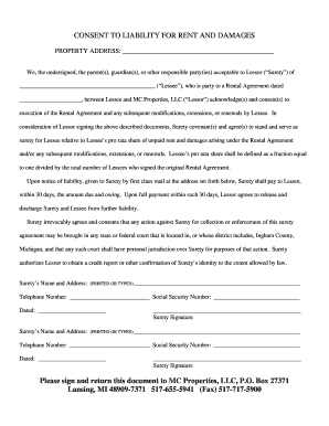 Consent to Liability for Rent and Damages