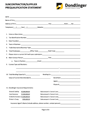 Subcontractor Supplier Pre-Qualification Statement