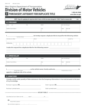 West Virginia Purchaser’s Affidavit for Duplicate Title