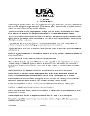 USA Baseball Coaches Code of Ethics and Responsibility Form