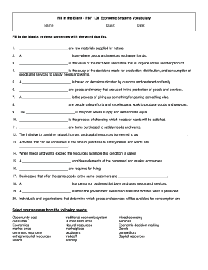 Economic Systems Vocabulary Worksheet