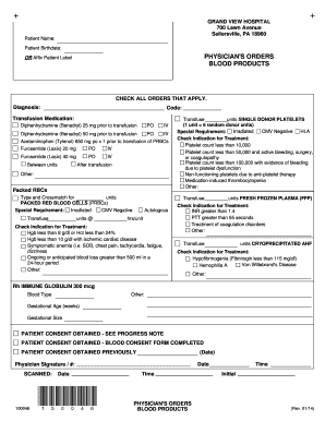 Blood Products Transfusion Order Form