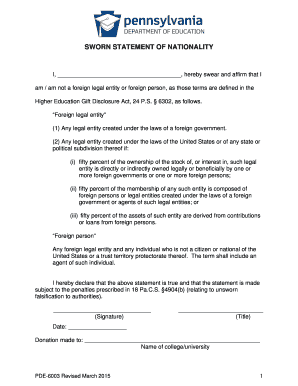 Higher Education Gift Disclosure Sworn Statement of Nationality Form 2015docx