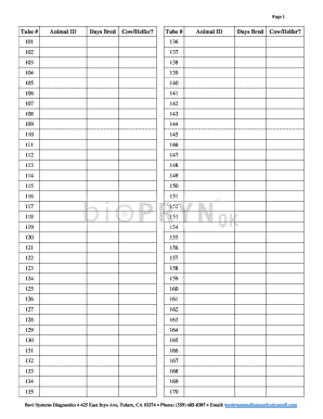 Bovi Systems Diagnostics Animal Bred Tracking Form