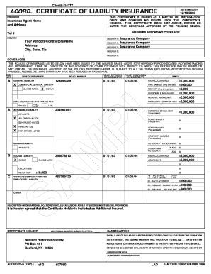 Certificate of Liability Insurance