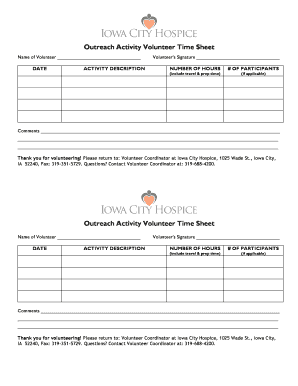 Outreach Activity Volunteer Time Sheet - Iowa City Hospice