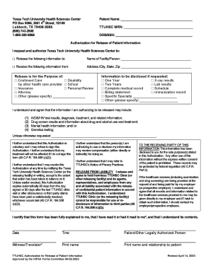 Texas Tech University Health Sciences Center Patient Information Release Form