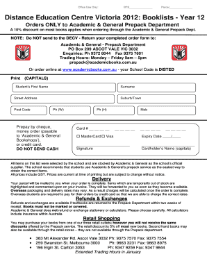 Distance Education Centre Victoria Year 12 Booklist Order Form